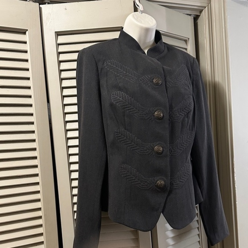 CABI military mock neck sz 10 gray green bronze buttons camo lined Womens Jacket